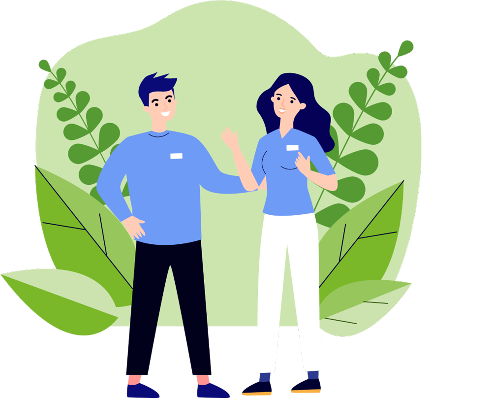 Vektorillustration von zwei freundlichen Pflegekräften in Uniform, die das engagierte und fürsorgliche Team von Allershausen Care symbolisieren.