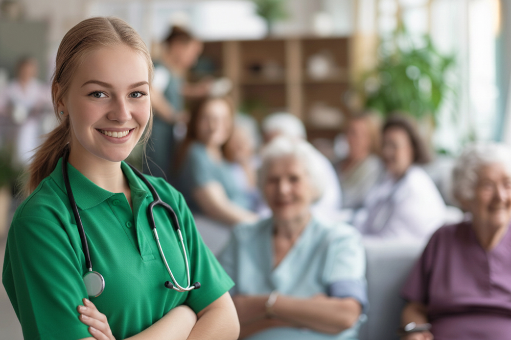 Junge, lächelnde Auszubildende mit Stethoskop in grüner Kleidung vor einer Gruppe lachender Senioren, symbolisiert Freude an der Arbeit und die Zukunft der Altenpflege bei Allershausen Care.